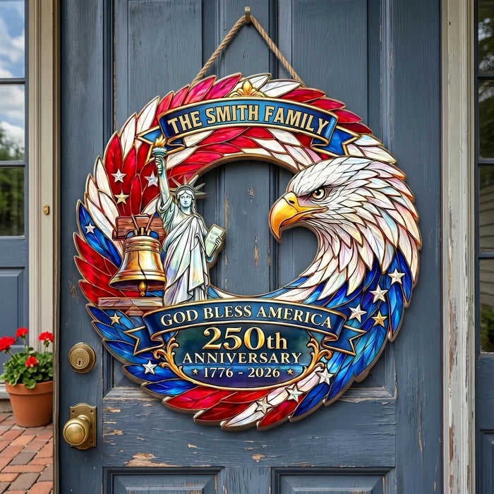 Personalized God Bless America 250th Anniversary Wood Sign With Family Name - Independence Day Gift