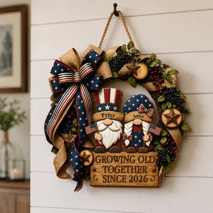 Personalized Growing Old Together Patriotic Wreath Wood Sign - American Flag Door Decor
