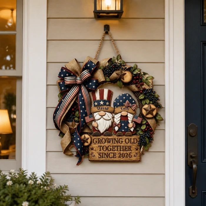 Personalized Growing Old Together Patriotic Wreath Wood Sign - American Flag Door Decor