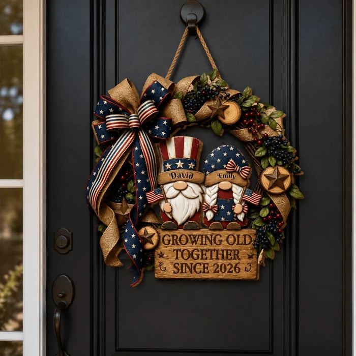 Personalized Growing Old Together Patriotic Wreath Wood Sign - American Flag Door Decor