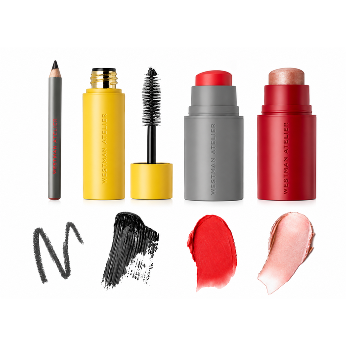 Four Westman Atelier cosmetic items arranged on a white background: a gray lip liner pencil, a yellow mascara tube with wand, a gray cream blush stick with red cap, and a red cream blush stick with rose-gold cap. Below each item is a color swatch showing the product shade.