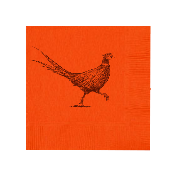 Set of Pheasant Strut Orange beverage napkins by Alexa Pulitzer, featuring vibrant pheasant and floral design on paper napkins.