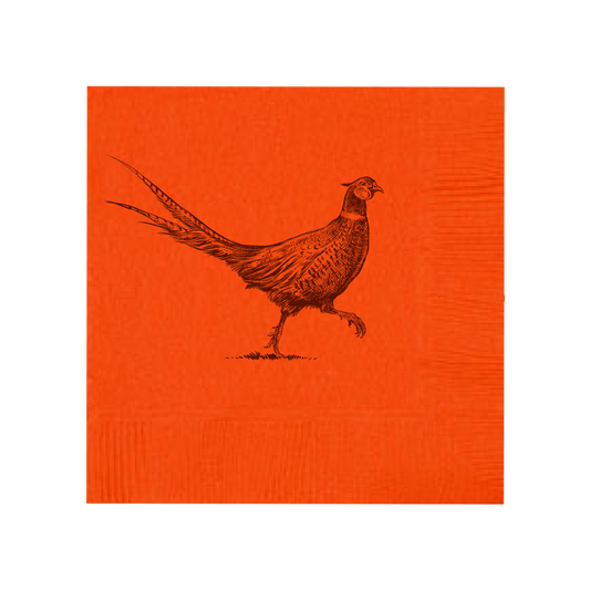 Set of Pheasant Strut Orange beverage napkins by Alexa Pulitzer, featuring vibrant pheasant and floral design on paper napkins.