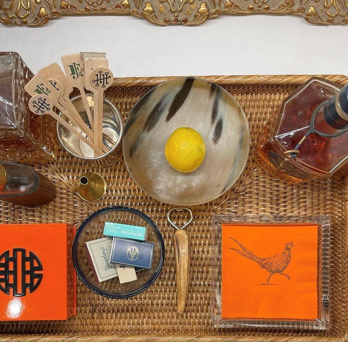 Set of Pheasant Strut Orange Beverage Napkins by Alexa Pulitzer, featuring vibrant orange and pheasant design for elegant gatherings.