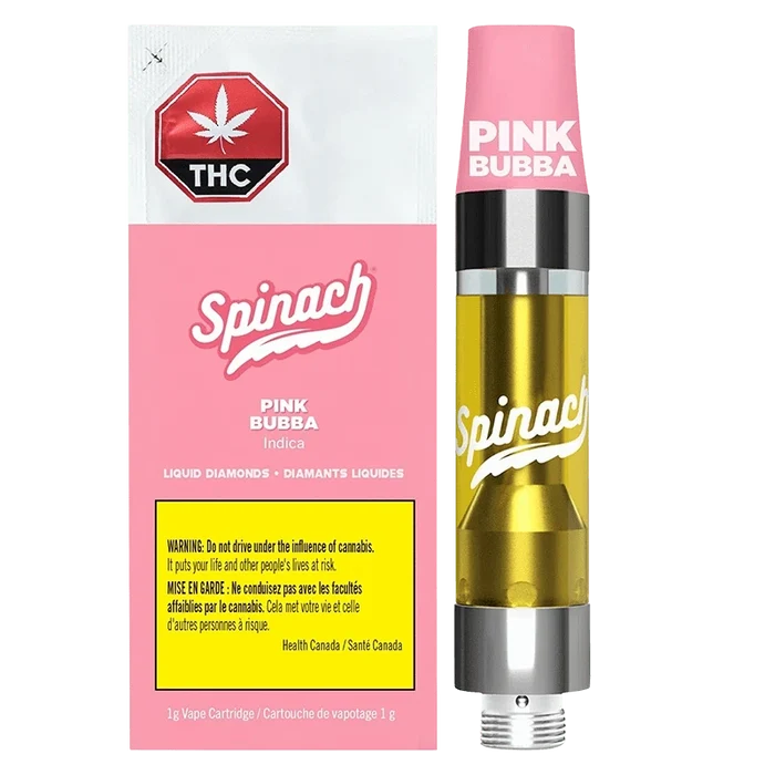 Front-facing shot of the Pink Bubba Liquid Diamonds Vape Cartridge showing the pink Spinach-branded box beside the clear-gold cartridge with a pink mouthpiece.