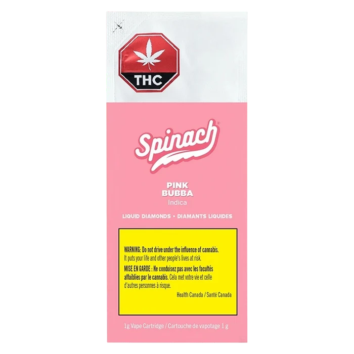 Vertical front view of the pink Spinach Pink Bubba Liquid Diamonds Vape Cartridge packaging with a white THC symbol at top and a yellow warning box near the bottom.