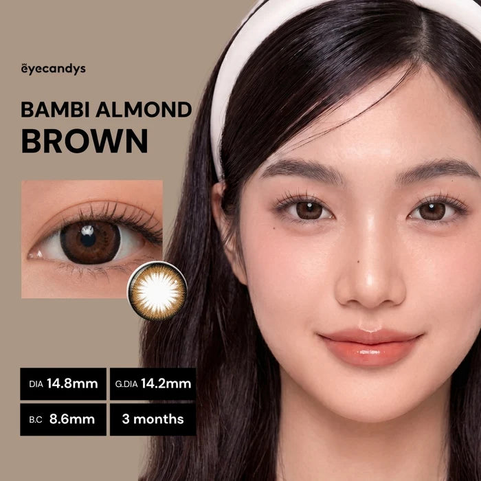 EyeCandys Bambi Almond Brown colored contact lenses worn by female model, featuring soft doll-eyed brown eyes with product specifications displayed.
