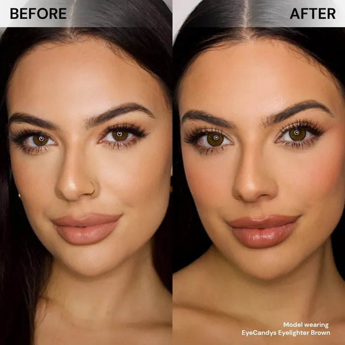 Before and after of model’s face wearing EyeCandys Eyelighter Brown prescription colored contact lenses, showing warm and natural brown eye transformation with a brightening effect.