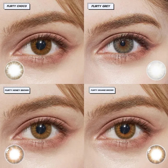 Eyes wearing EyeCandys Flirty Choco, Grey, Honey Brown, and Orange Brown contact lenses – includes close-up of lens designs and natural color effect