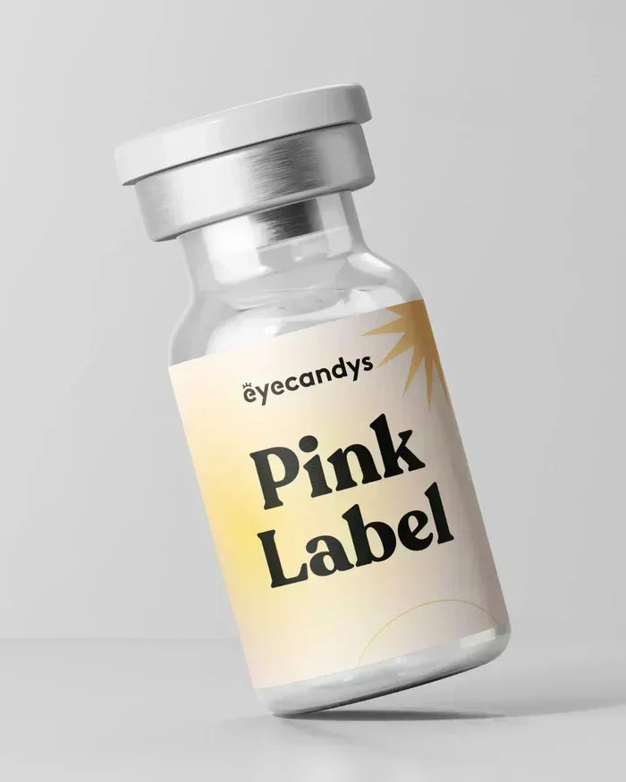 EyeCandys Pink Label contact lens glass vial bottle – chic packaging for color contact lenses and prescription lenses, perfect for a sweet and fresh look