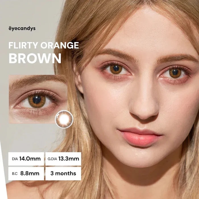 Model wearing Pink Label Flirty Orange Brown colored contact lenses with warm orange-brown eye enhancement