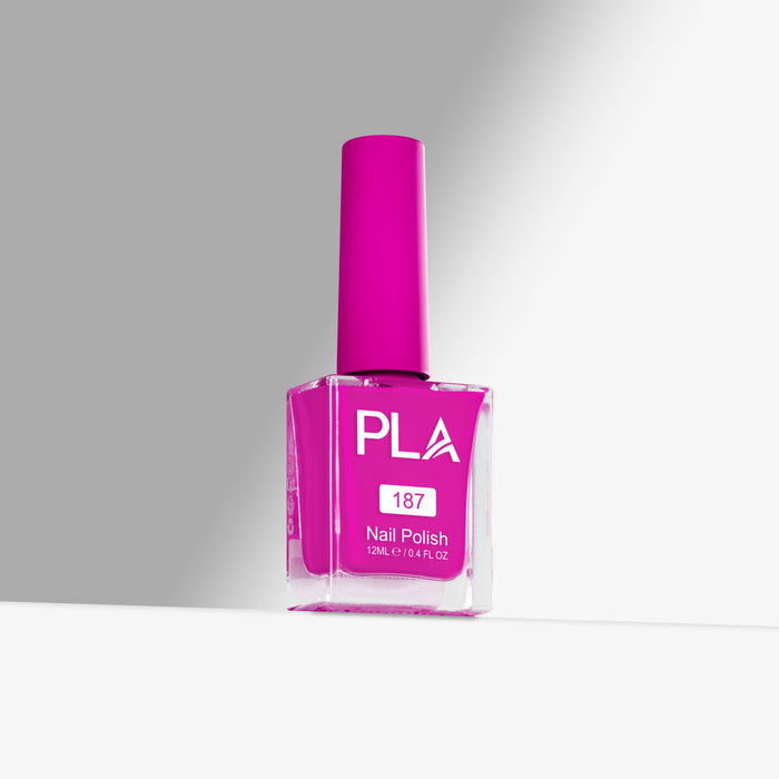 Pink nail polish bottle with 'PLA' branding on a gray background