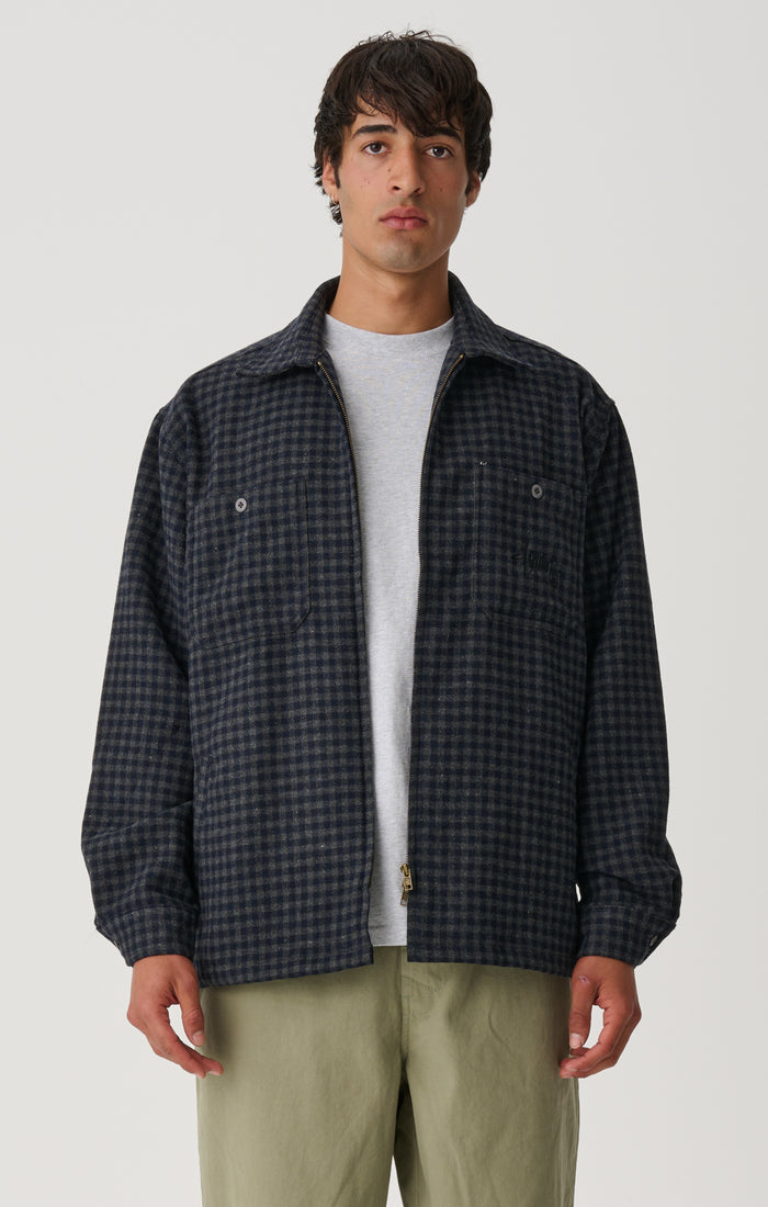 Plaid Zip-Thru Long Sleeve Shirt - Indigo