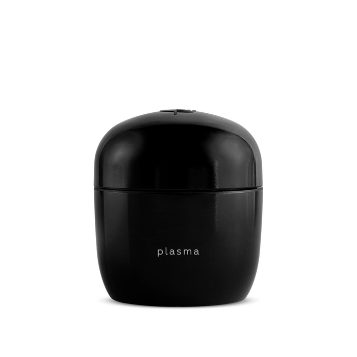 A black jar of ' Plasma' protein plasma mask designed for skin care, with a textured surface.