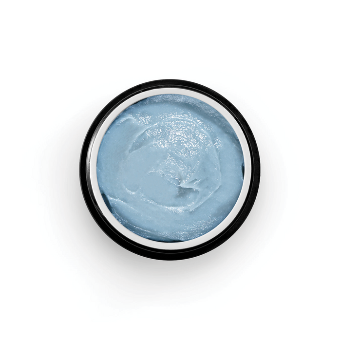 A top-down view of an open jar of Ayuna Plasma Draining & Tightening Mask, showcasing a thick, cerulean blue gel-cream texture swirled inside the container.