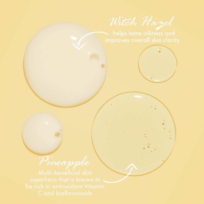 ColourPop Face Cleanser Pore Real Cleanser showcasing ingredient drops - creamy and translucent puddles on a pale yellow background - highlighting witch hazel to reduce oil and improve clarity and pineapple extract rich in vitamin C and bioflavonoids.