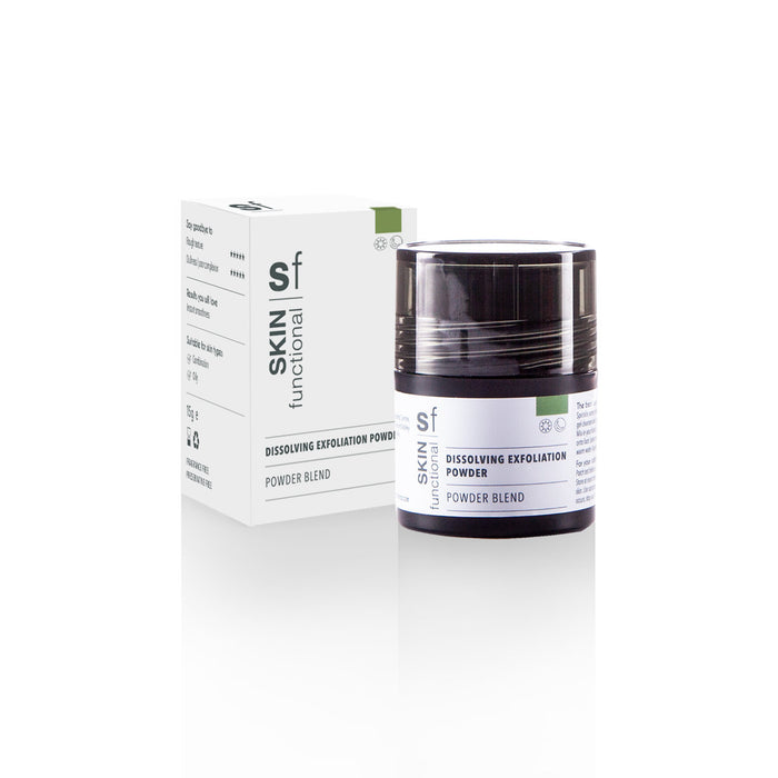 SKIN Functional dissolving exfoliation powder with details skincare product on a grey background