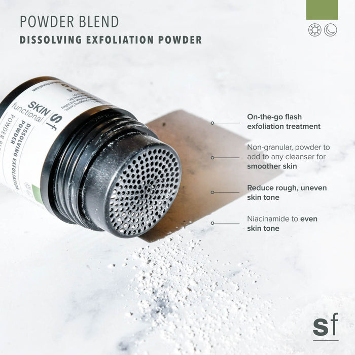 SKIN Functional dissolved exfoliation powder with details skincare product on a grey background