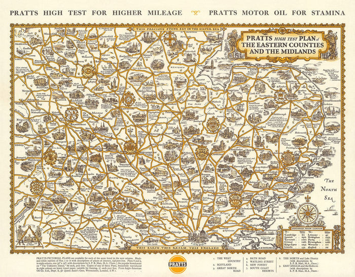 Pratts High Test Plan of the Midlands 1932 - Essex, Oxford, Birmingham - Old Vintage Motoring Car Map - Esso, Standard Oil