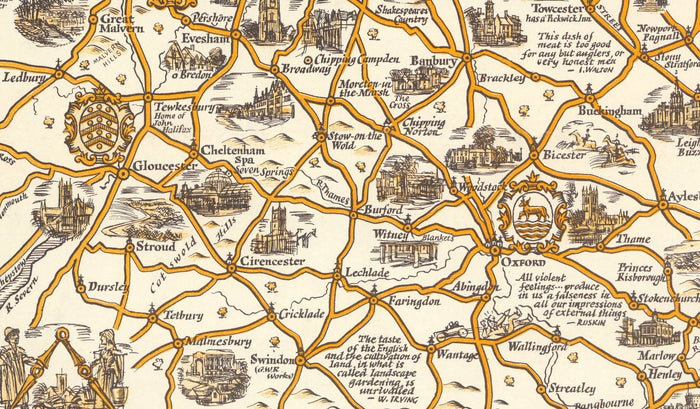 Pratts High Test Plan of the Midlands 1932 - Essex, Oxford, Birmingham - Old Vintage Motoring Car Map - Esso, Standard Oil