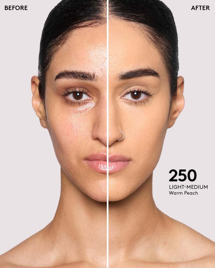 before and after of light-medium skin toned model in pro filt'r concealer