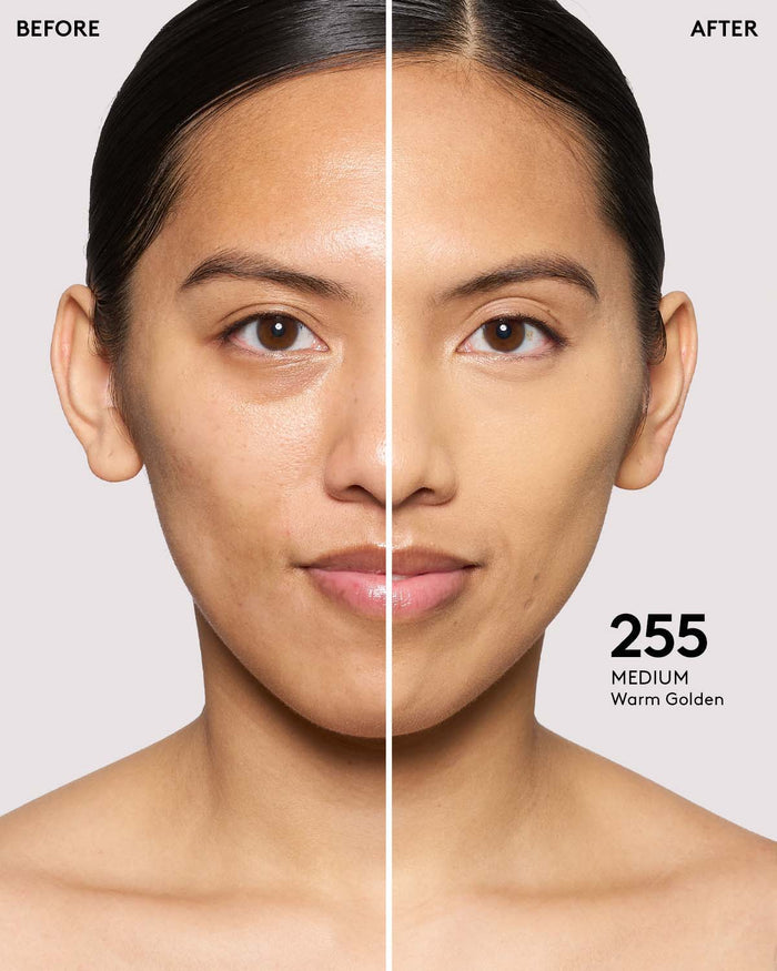 before and after of medium skin toned model in pro filt'r concealer