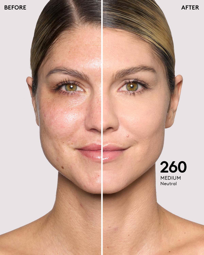 before and after of medium skin toned model in pro filt'r concealer
