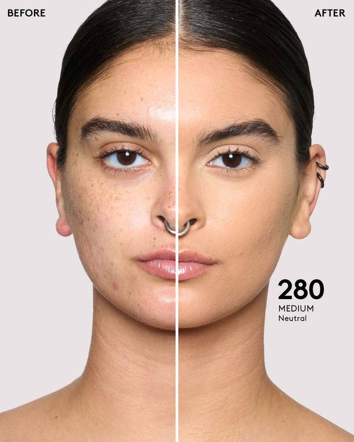 before and after of medium skin toned model in pro filt'r concealer