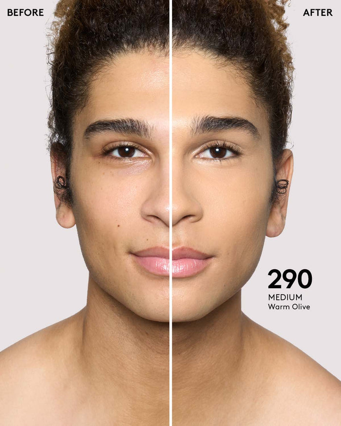 before and after of medium skin toned model in pro filt'r concealer