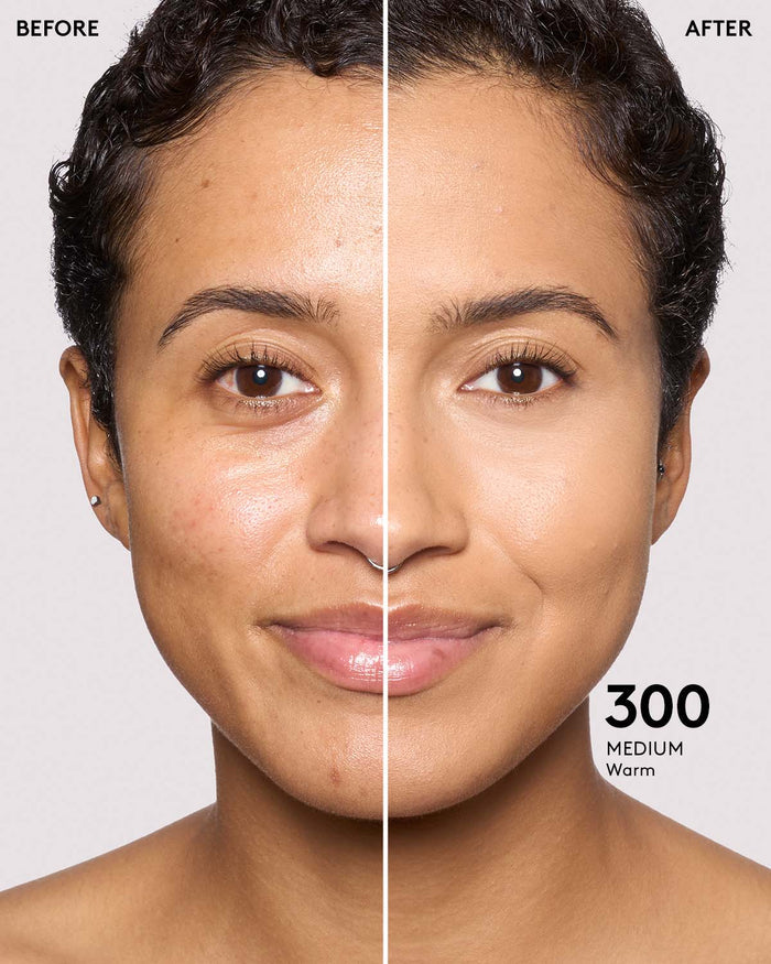 before and after photos of model wearing Fenty Beauty Pro Filt'r Instant Retouch Concealer in medium shade
