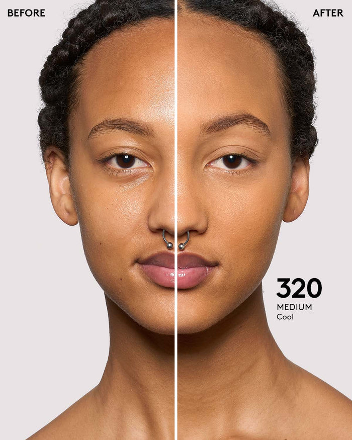 before and after of medium skin toned model in pro filt'r concealer