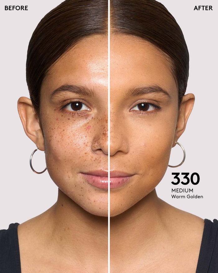 before and after of medium skin toned model in pro filt'r concealer