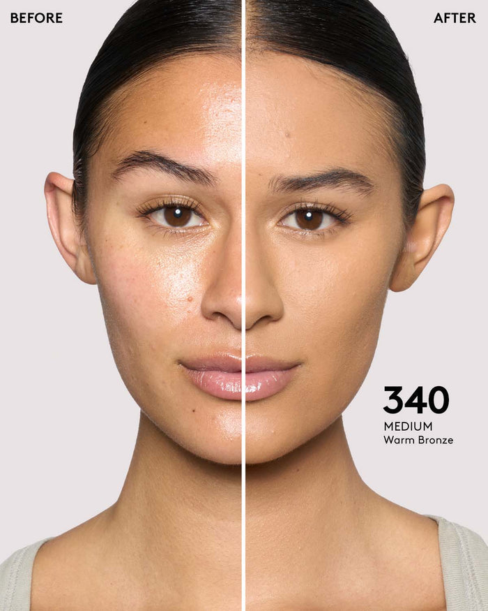 before and after photos of model wearing Fenty Beauty Pro Filt'r Instant Retouch Concealer in medium shade