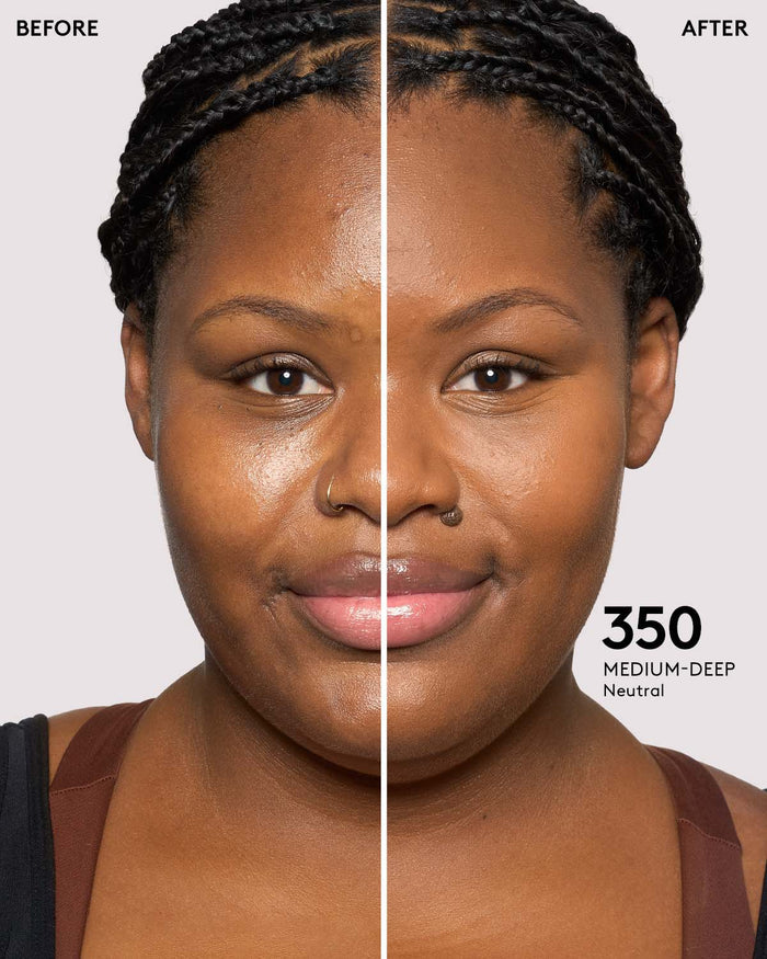 before and after photos of model wearing Fenty Beauty Pro Filt'r Instant Retouch Concealer in medium-deep shade
