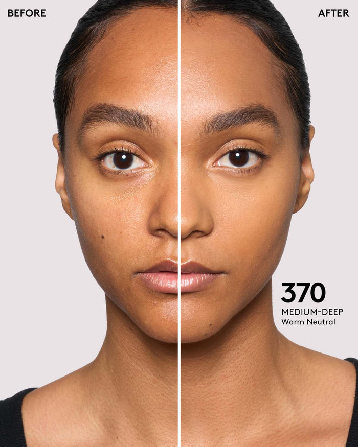 before and after photos of model wearing Fenty Beauty Pro Filt'r Instant Retouch Concealer in medium-deep shade