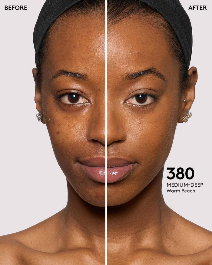 before and after photos of model wearing Fenty Beauty Pro Filt'r Instant Retouch Concealer in medium-deep shade