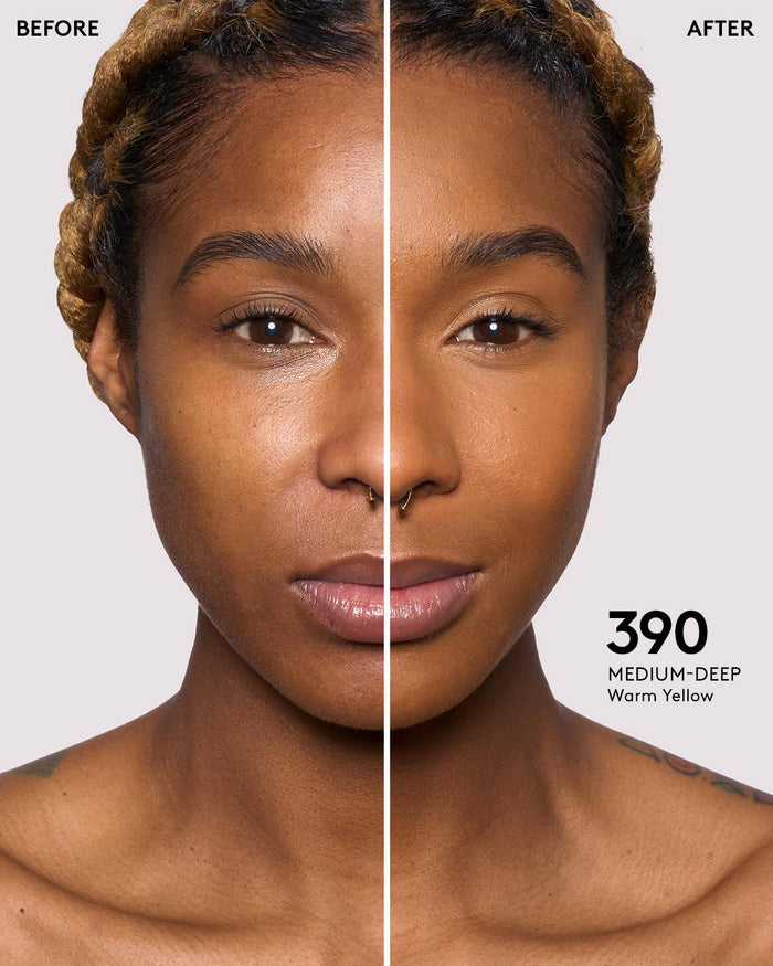 before and after photos of model wearing Fenty Beauty Pro Filt'r Instant Retouch Concealer in medium-deep shade