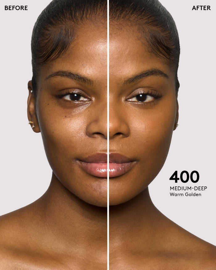 before and after photos of model wearing Fenty Beauty Pro Filt'r Instant Retouch Concealer in medium-deep shade