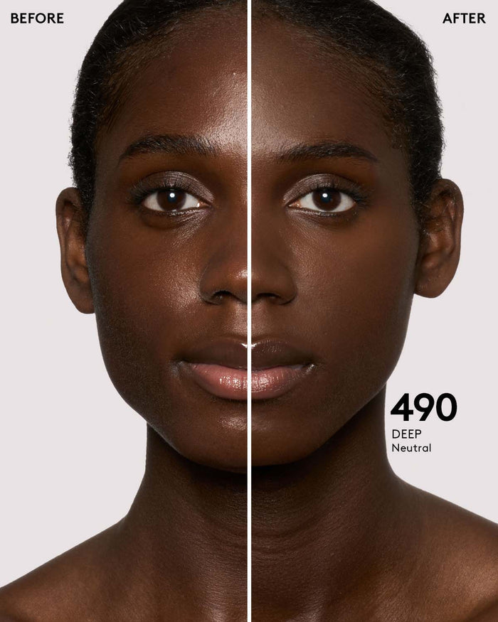 before and after photos of model wearing Fenty Beauty Pro Filt'r Instant Retouch Concealer in deep shade