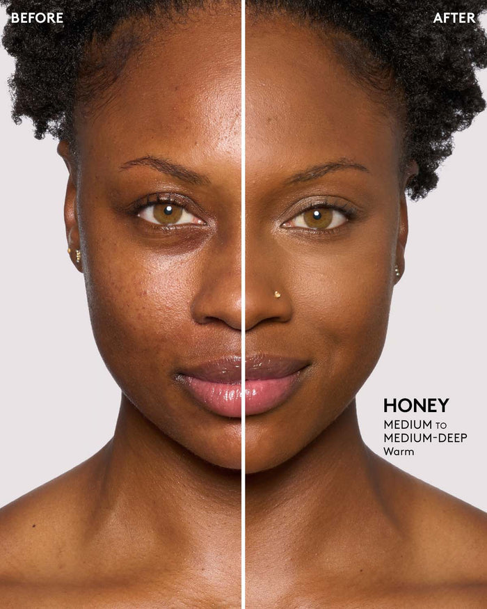 before and after of medium-deep skin toned model wearing honey pro filt'r setting powder