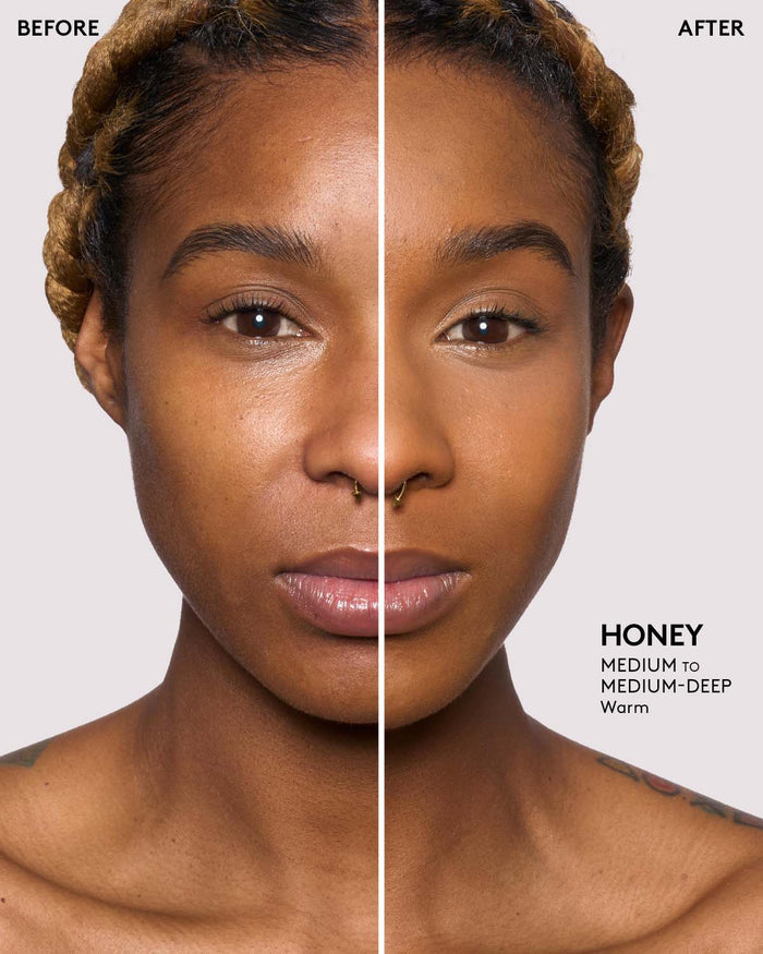 before and after of medium-deep skin toned model wearing honey pro filt'r setting powder