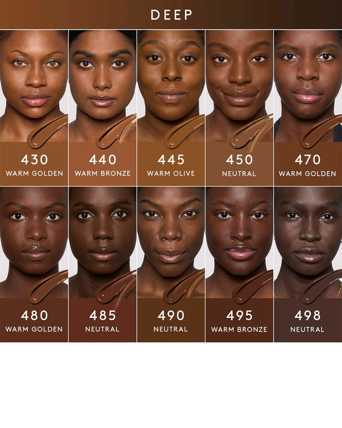 deep shade infographic showing 8 different shades of foundation on deep skin tones