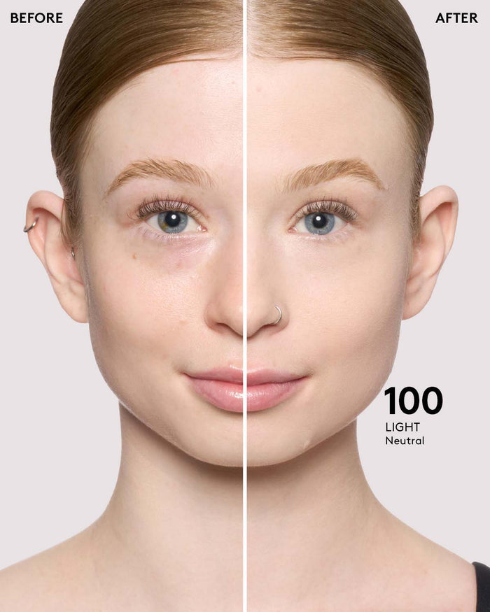 light skin model before and after wearing shade 100 in pro filt'r soft matte powder foundation
