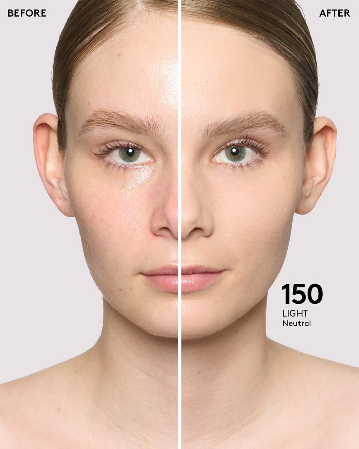 light skin model before and after wearing shade 150 in pro filt'r soft matte powder foundation