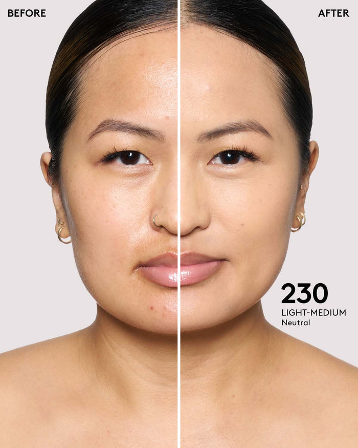 before and after of light-medium skin toned model wearing shade 230 in pro filt'r soft matte powder foundation.