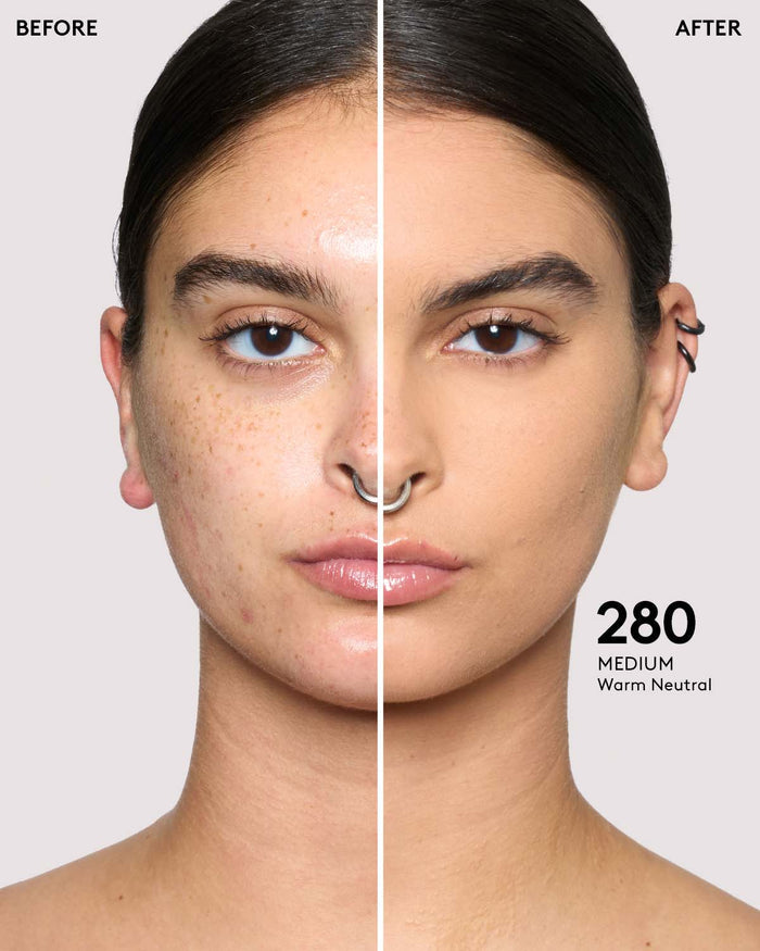 medium skin model before and after wearing shade 280 in pro filt'r soft matte powder foundation