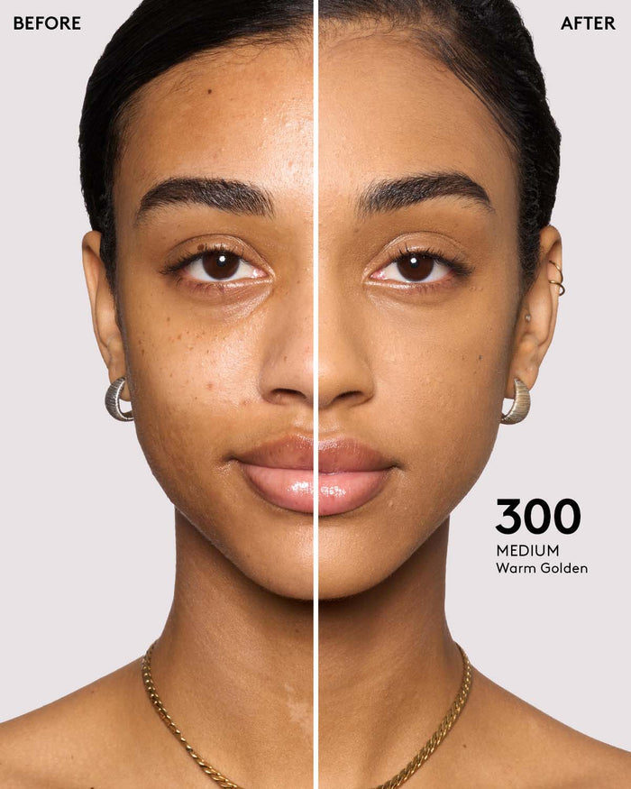 medium skin model before and after wearing shade 300 in pro filt'r soft matte powder foundation