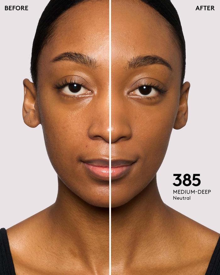 medium deep skin model before and after wearing shade 385 in pro filt'r soft matte powder foundation