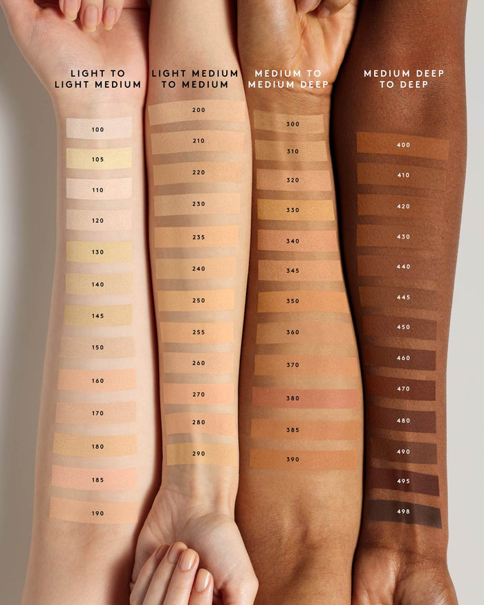 All shades of Pro Filt'r Soft Matte Powder Foundation shown on a variety of skin tones