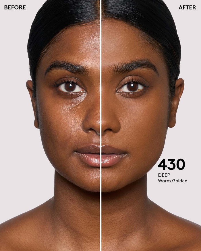 deep skin model before and after wearing shade 430 in pro filt'r soft matte powder foundation